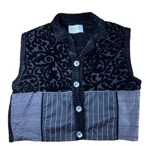 Varon USA Handloomed Mixed Media Sweater Vest Velvet Burnout Pinstripe Black L